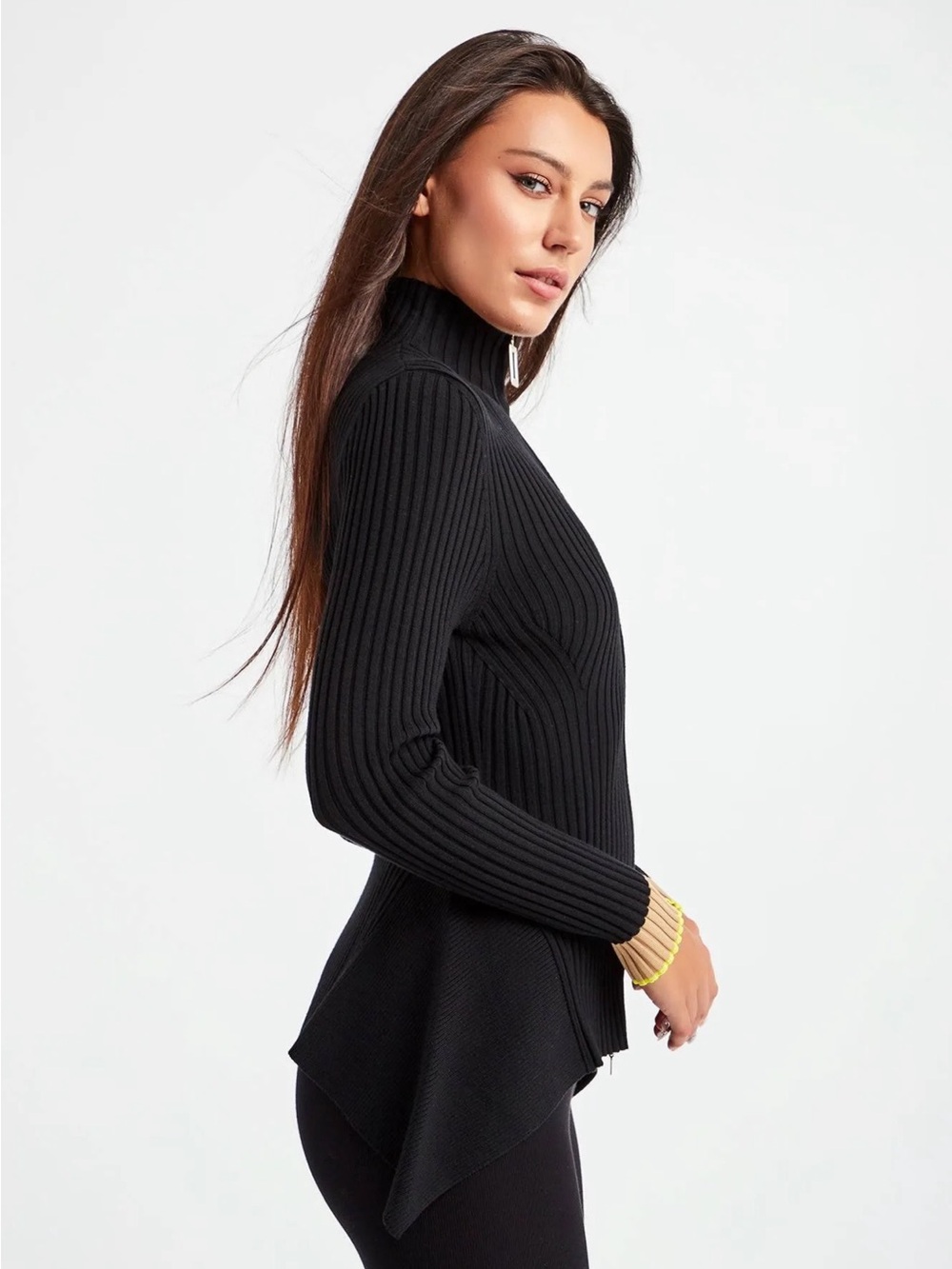 WOLFORD Thelma Stripe Cardigan Black Ribbed Zip-Front Asymmetrical Peplum Medium